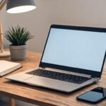 Best budget desk setup for beginner bloggers showing a laptop on a wooden desk with a small plant, notebook, and coffee mug in warm natural lighting