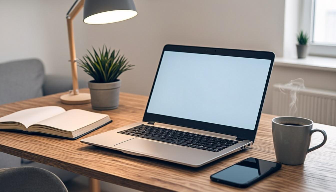 Best budget desk setup for beginner bloggers showing a laptop on a wooden desk with a small plant, notebook, and coffee mug in warm natural lighting