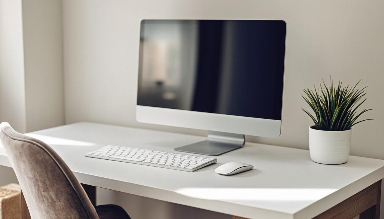 Minimal desk setup for content creators with clean white desk, monitor, keyboard, and plant in Scandinavian style