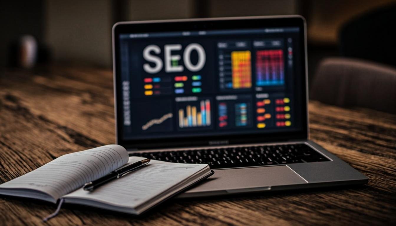 Best laptops for blogging and SEO work showing a modern laptop with SEO analytics dashboard