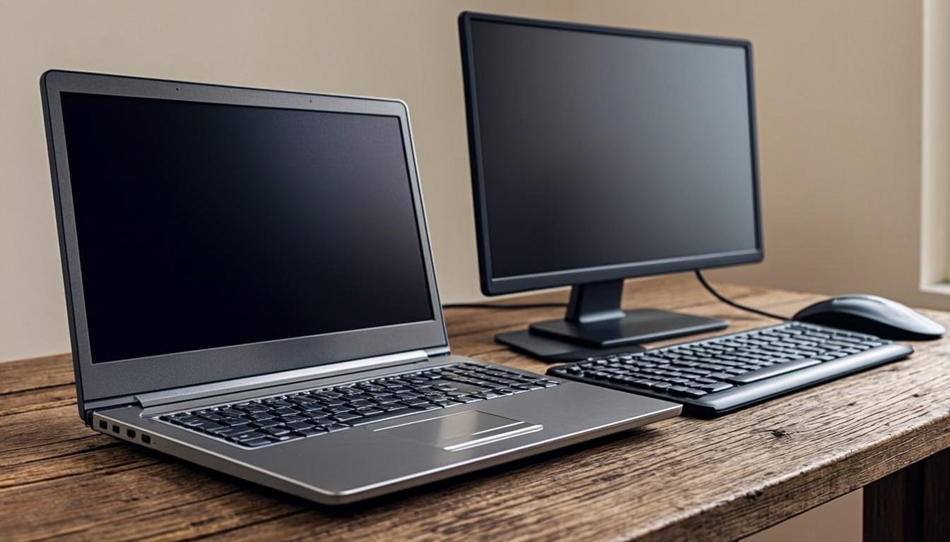 Laptop vs desktop for blogging jobs comparison showing both setups