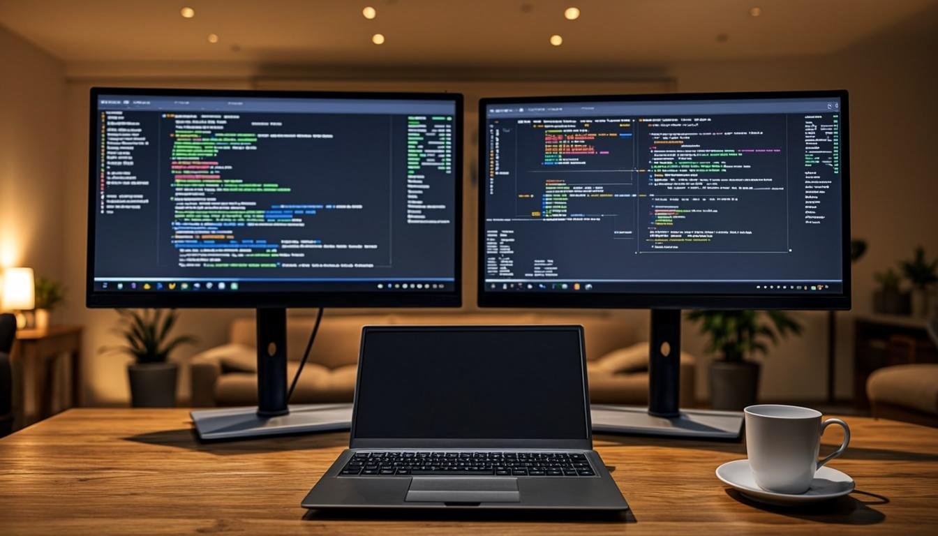 Best dual monitor setup for freelancers Best dual monitor setup for freelancers showing two monitors on a clean desk