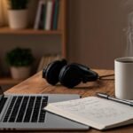 Essential gear for freelance content writers including laptop, notebook, headphones, and coffee on a clean desk with warm lighting