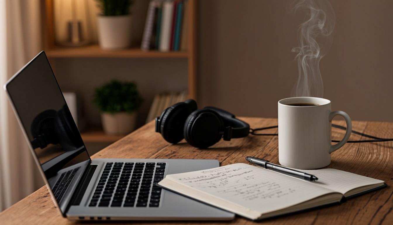 Essential gear for freelance content writers including laptop, notebook, headphones, and coffee on a clean desk with warm lighting