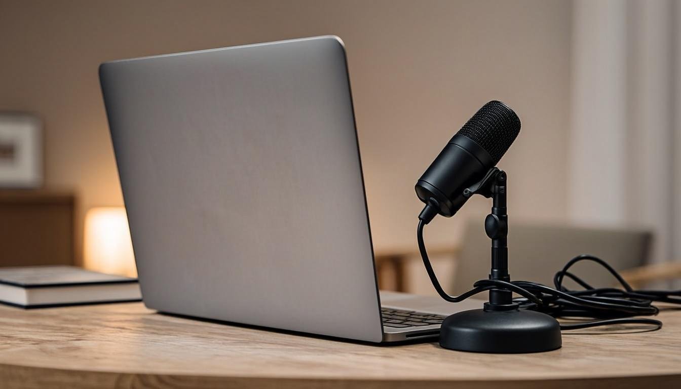 Best cheap microphones for online meetings and remote jobs showing an affordable USB microphone on a desk with laptop