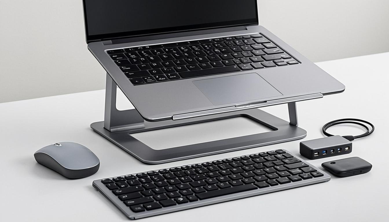 Laptop accessories every blogger needs including USB hub, wireless mouse, laptop stand, and external keyboard on a clean desk