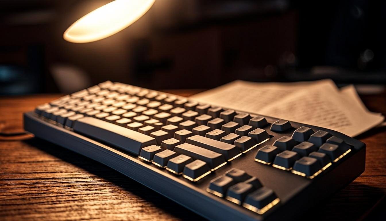 Best keyboards for long article writing sessions showing a mechanical keyboard on a desk with notes and warm lighting