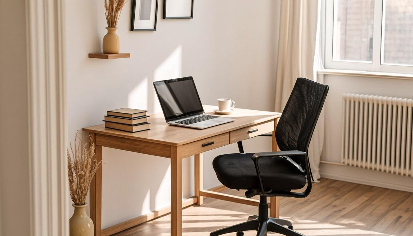 Low budget home office for freelancing with compact desk, laptop, and chair in a small room with natural window light