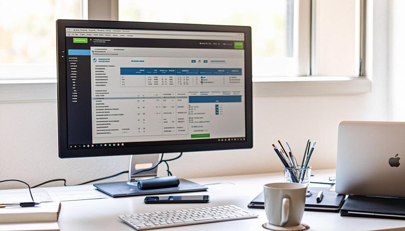 Best monitor size for SEO and blogging work showing a 27 inch monitor displaying WordPress dashboard on a clean desk