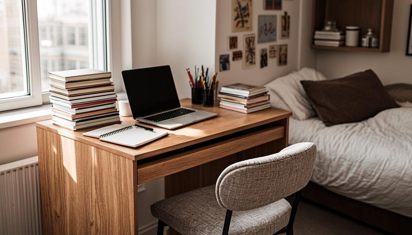 Budget-friendly work from home setup for students in a small dorm room with laptop and affordable desk