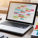 Content calendar planning on laptop with notebook