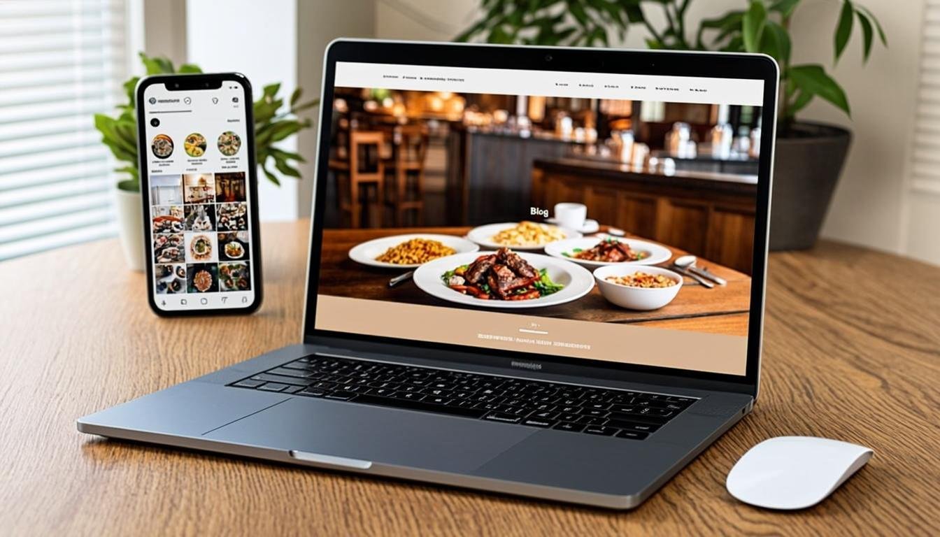 Social media marketing for bloggers on laptop and phone