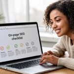 Blogger optimizing content for on-page SEO on laptop