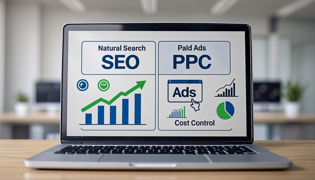 SEO vs PPC comparison concept on laptop screens