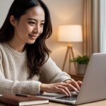 Blogger writing blog post on laptop in cozy workspace